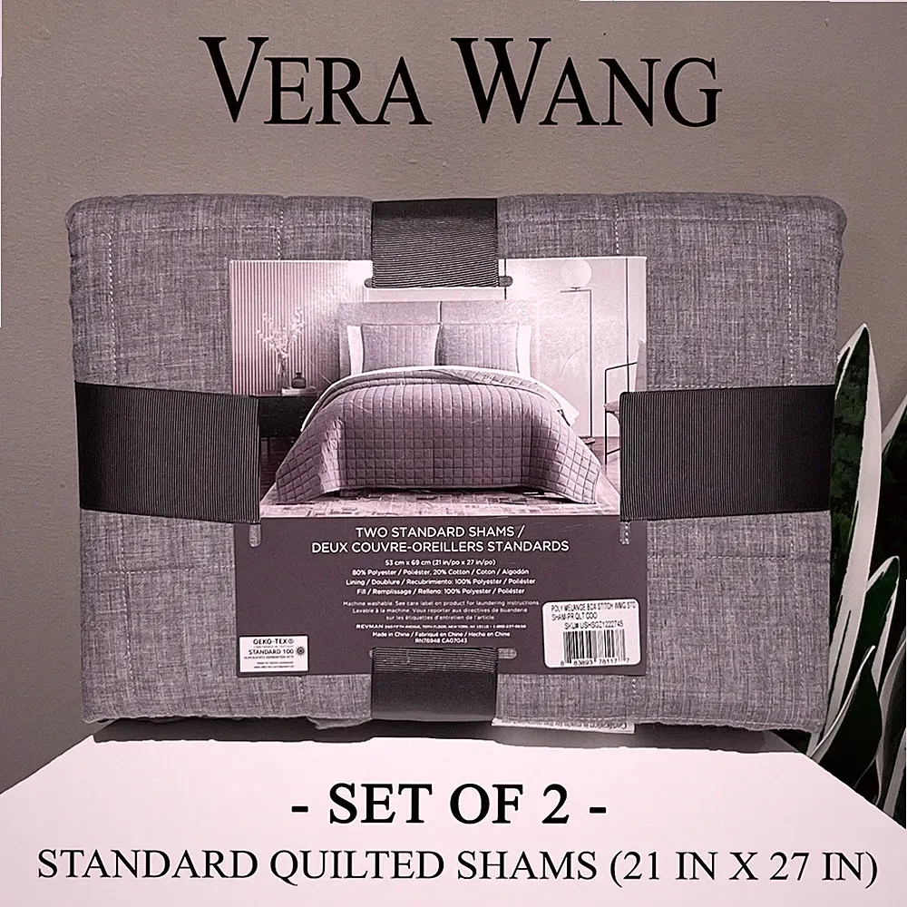 SET OF 2 New VERA WANG Gray Grid Squares Quilted Standard Shams 21x27 in