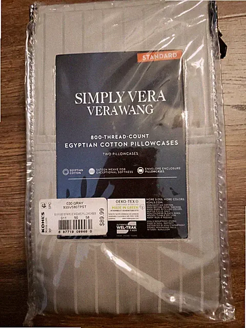 Simply Vera Wang 800 Thread Count Standard Pillowcase Set Gray Stripe NEW