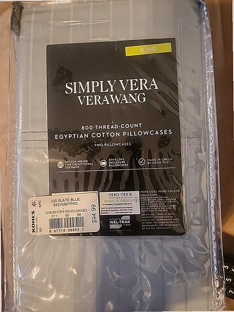 Simply Vera Wang 800 Thread Egyptian Ct King Pillowcase Set Slate Bl Stripe New