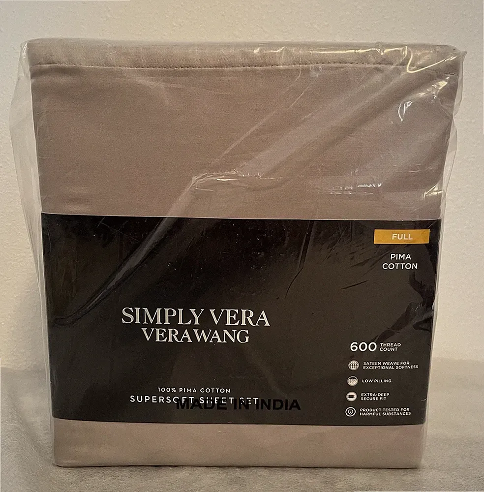 SIMPLY VERA WANG Full Sheet Set 600 ThreadCount 100% Pima Cotton Shadow Gray NEW
