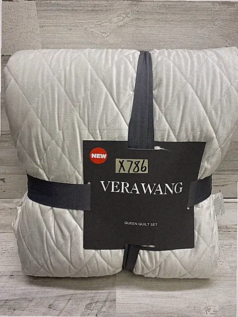 Vera Wang Home Diamond Velvet Queen Quilt & Shams 3pc Set Putty New