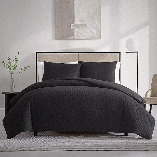 Vera Wang - King Comforter Set, Soft Cotton Bedding with Waffle King, Black