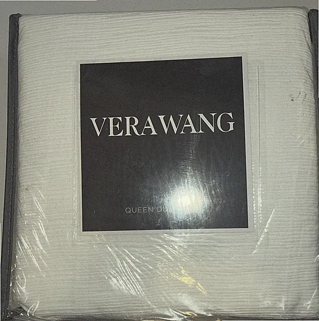 VERA WANG Pinstripe Lines Cotton 3 Piece Duvet Cover Set QUEEN White NEW