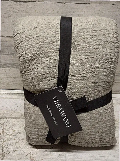 Vera Wang Puckered Texture Cotton 3-Piece Duvet Cover Set Queen Grey New
