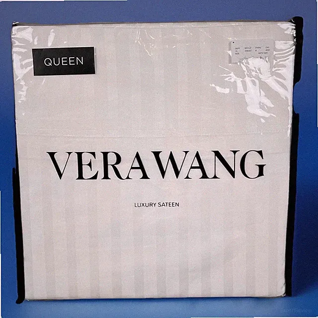 VERA WANG QUEEN Sheet Set 100% Cotton White Striped Luxury Sateen Satin Weave