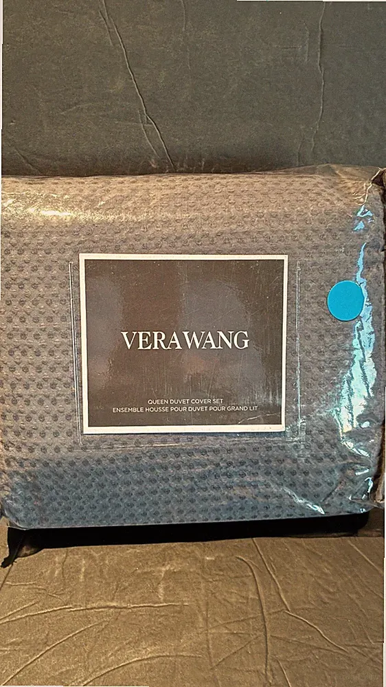 Vera Wang Soft Honeycomb Cotton Waffle Pique QUEEN Duvet & Shams Set MIDNIGHT